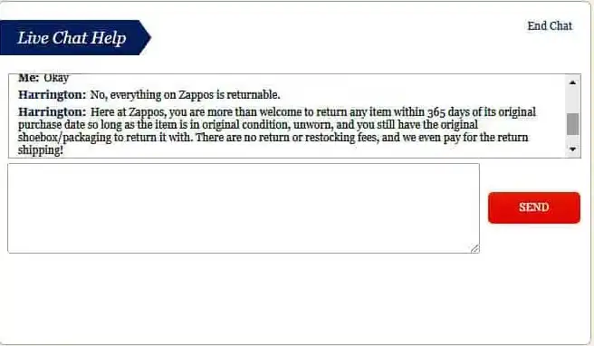 Spanshot of Live chat with Zappos Customer service.